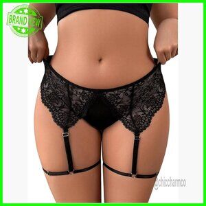 Plus Size Sheer Lace Garter Belt with Scallop Briefs Sexy Lingerie